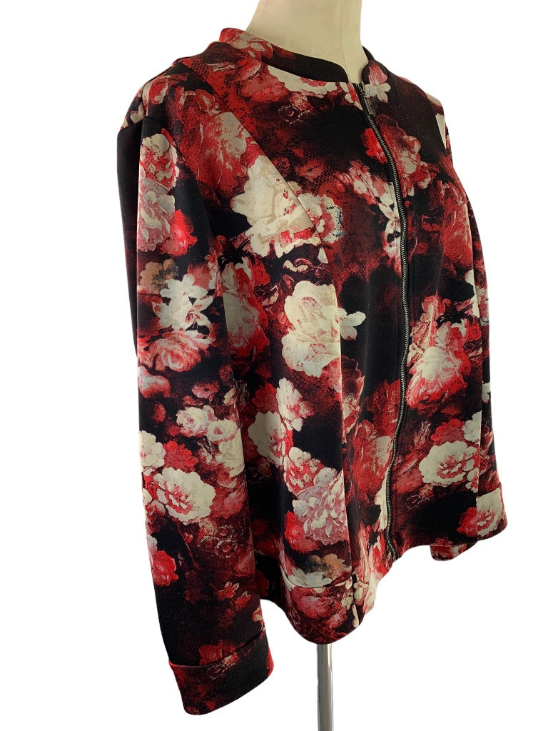 2X Roz & Ali Women's Rose Print Zip Up Jacket Stretch Polyester