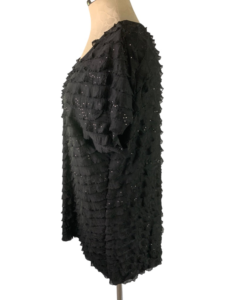 Large Antthony Women's New Black Short Sleeve Ruffle Sparkle Pullover Blouse