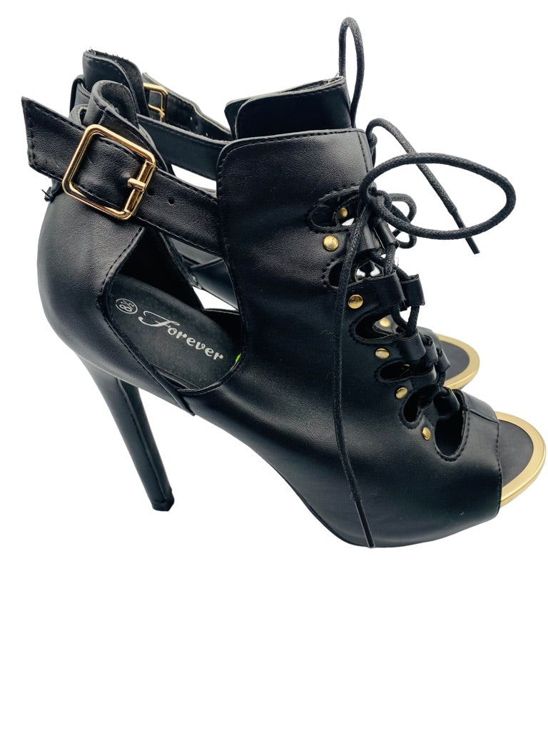 8.5M Forever Women's Black 4.5" Stiletto Heel Lace Up Peep Toe