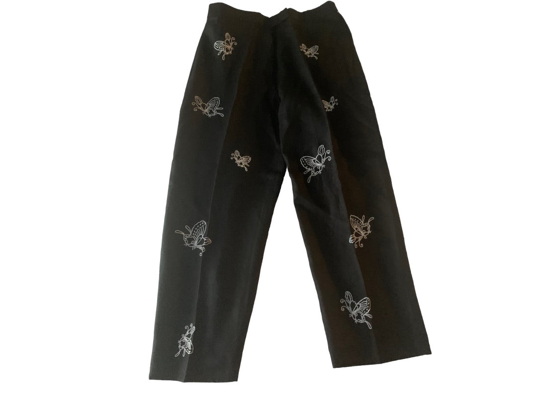 12 Alexandra Bartlett Women's New Black Linen Crop Pants Butterfly Embroidered
