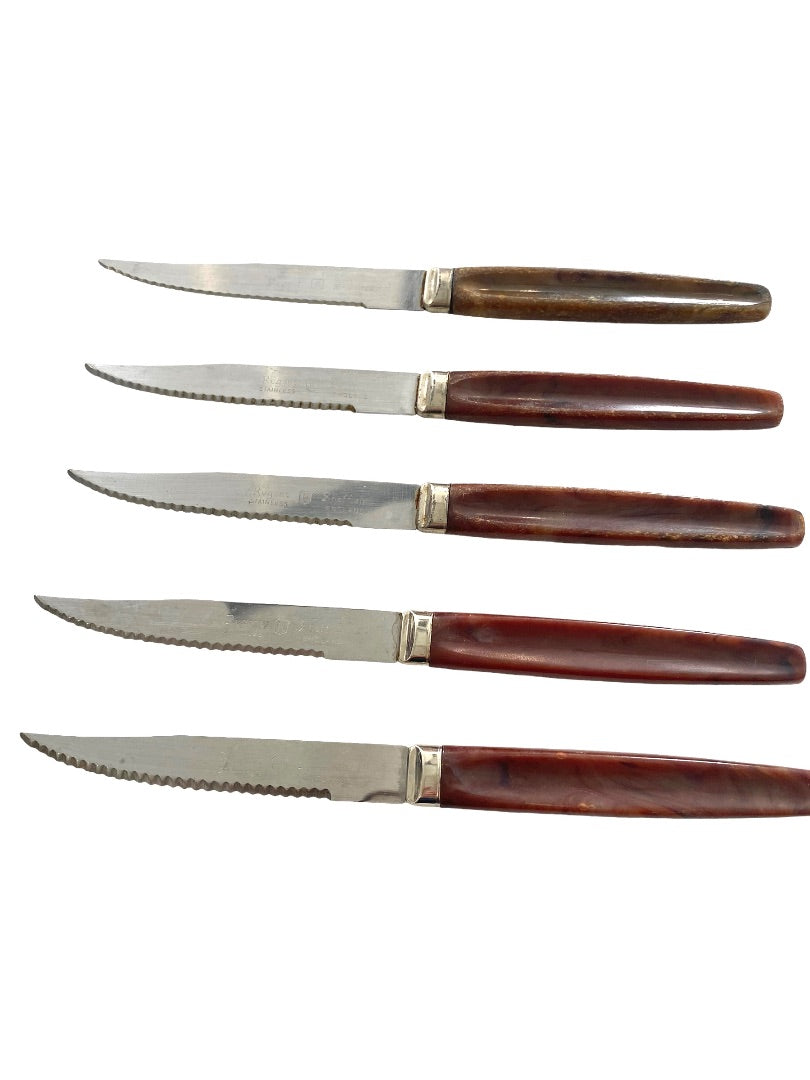 Regent Steak Knife Set of 5 Bakelite Brown Handle Stainless Blade Vintage