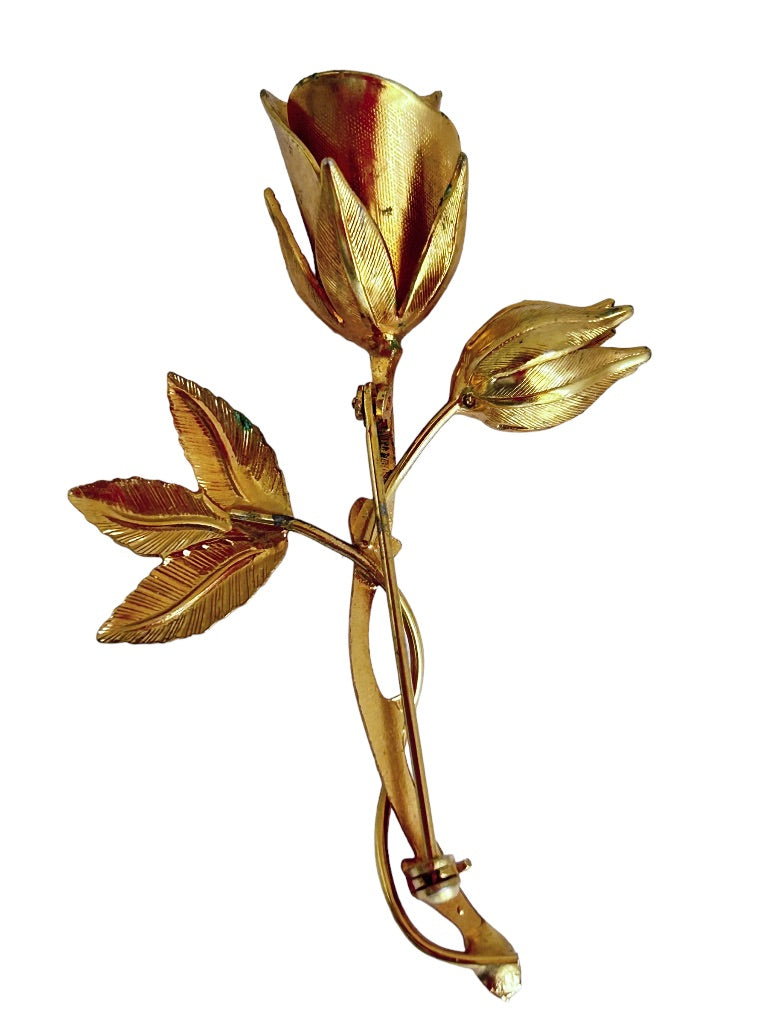 Goldtone Pin Brooch Single Long Stem Rose and Bud 2 5/8"
