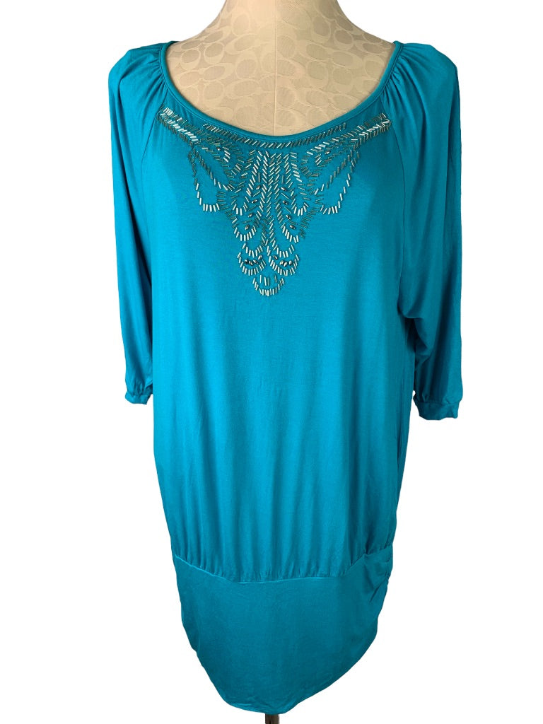 14 Lane Bryant Teal Beaded Neckline Soft 3/4 Sleeve Blouson Jersey Knit Top