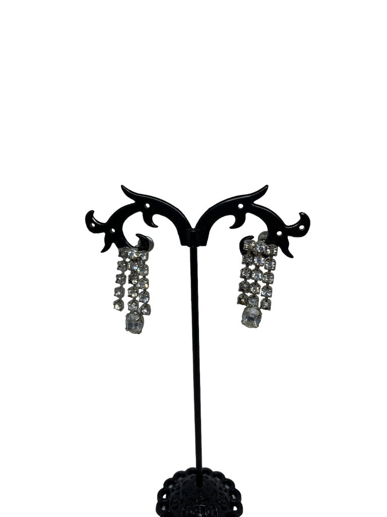 Vintage Rhinestone Earrings 3 Strand Dangle 1" Drop Screwback Non-Pierced