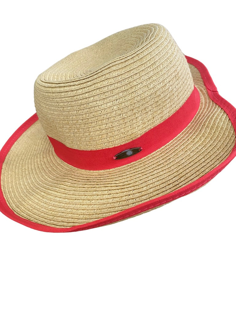 Panama Jack Sun Hat 100% Paper Packable Red Trim