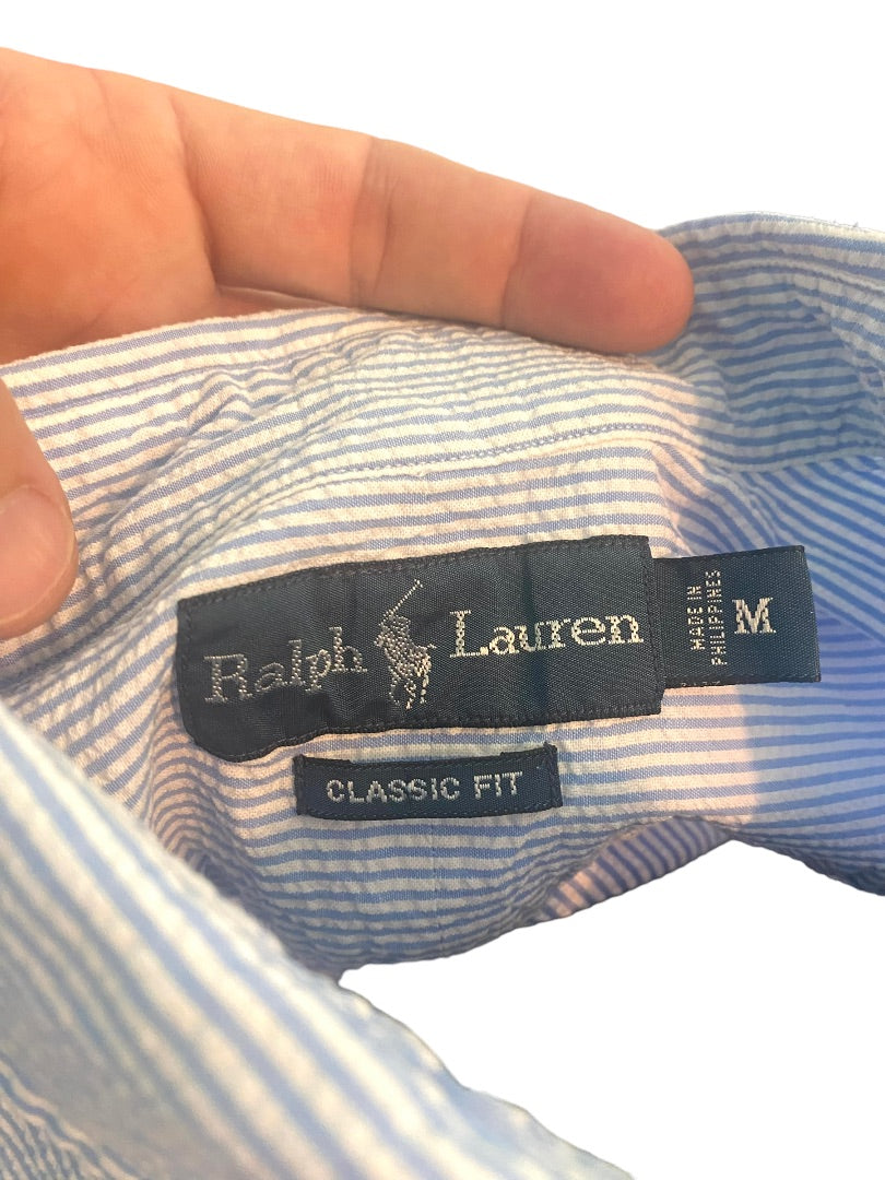 Medium Ralph Lauren Seersucker Button Down Short Sleeve Shirt Blue White