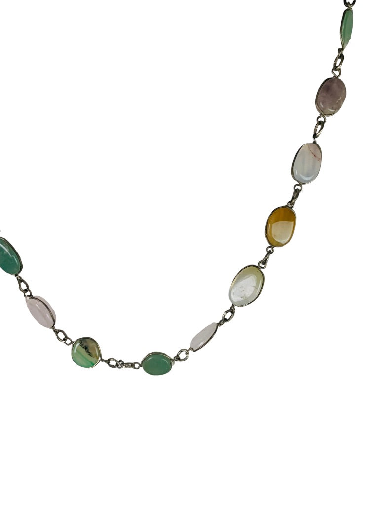 Vintage 28" StoneSilvertone Necklace Overhead Orange Green Natural Stone