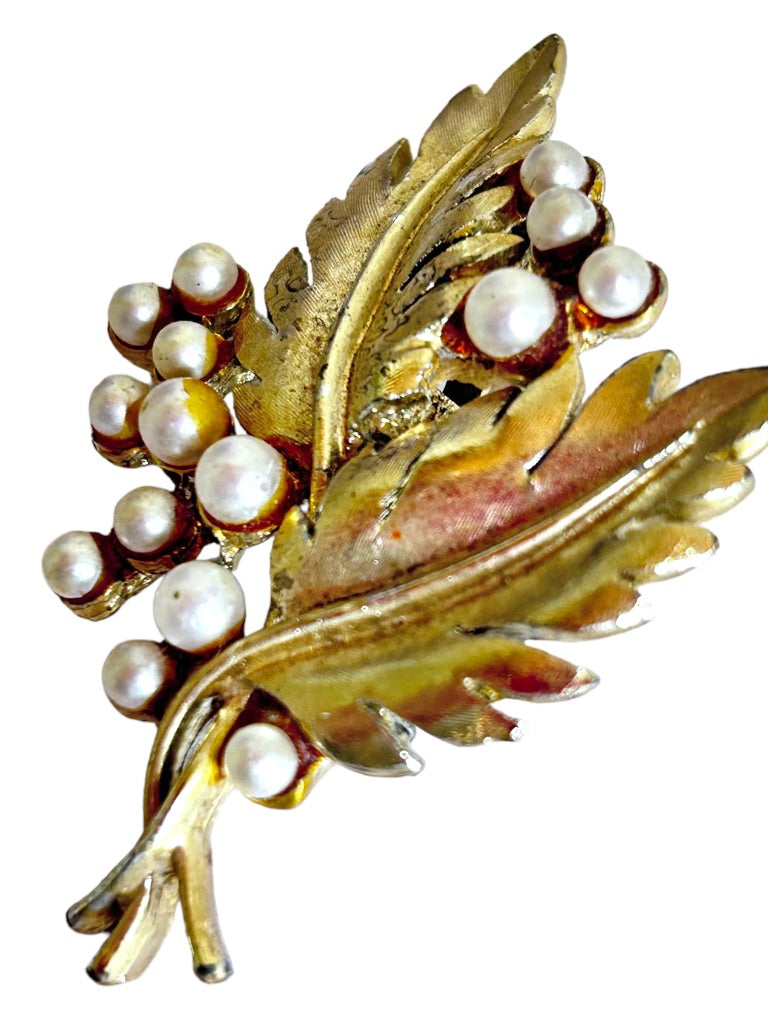 Vintage Goldtone Double Leaf Brooch Pin with Faux Pearl Details 2.25"