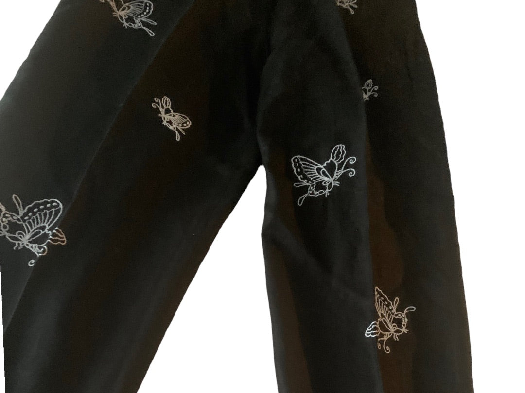 12 Alexandra Bartlett Women's New Black Linen Crop Pants Butterfly Embroidered