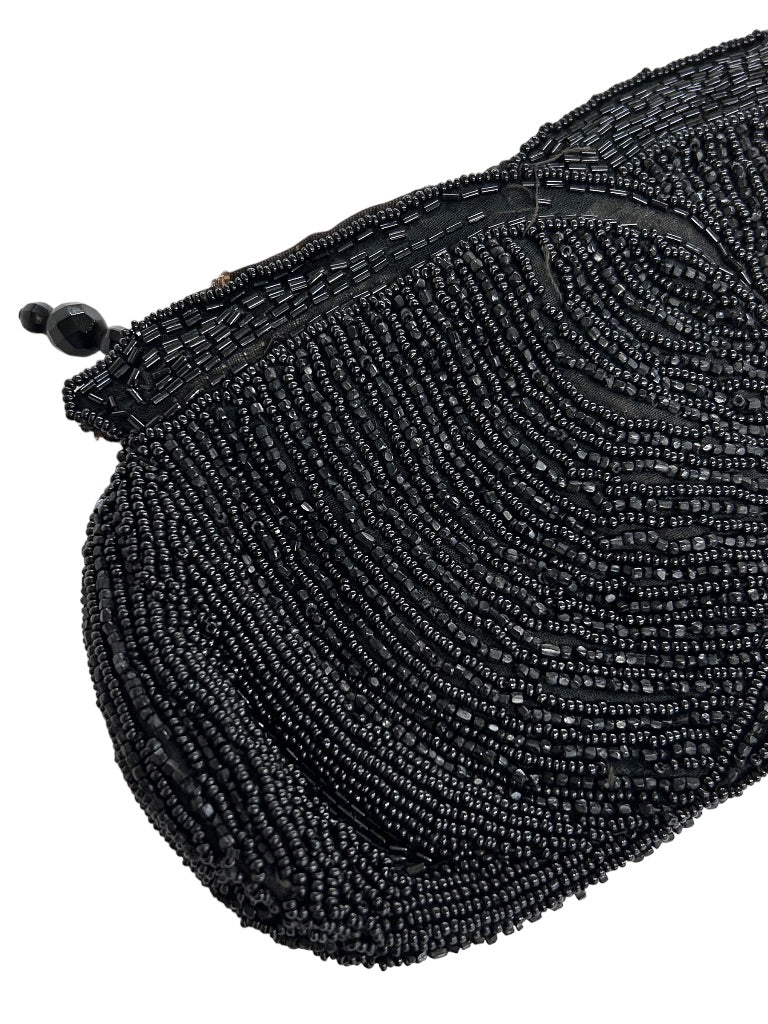 Small Vintage Black Clutch Zip Top Beaded Black Bag with Hand Strap
