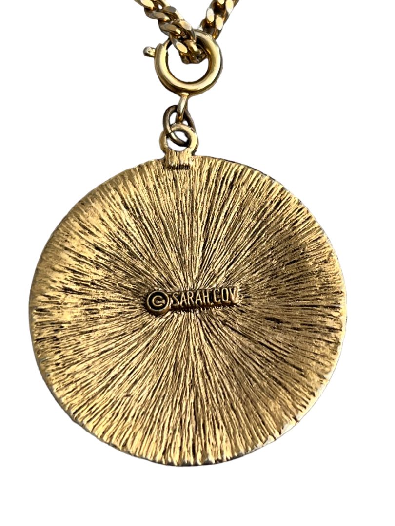 Sarah Coventry Goldtone Pendant Necklace Vintage Chain with Beads and Cabochon Aztec Native