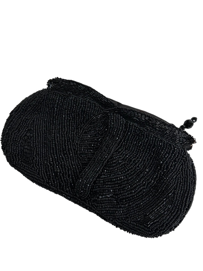 Small Vintage Black Clutch Zip Top Beaded Black Bag with Hand Strap