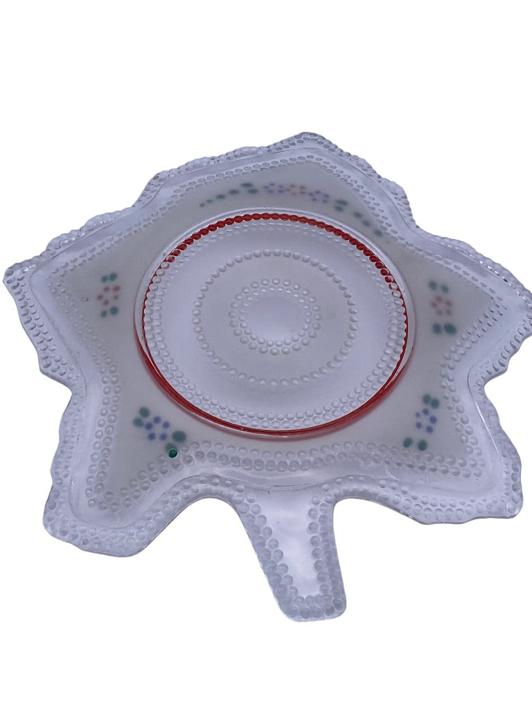 Vintage Smith Glass Tiny Hobnail Leaf Shaped Clear Glass Plate 8.25" Green Red Paint