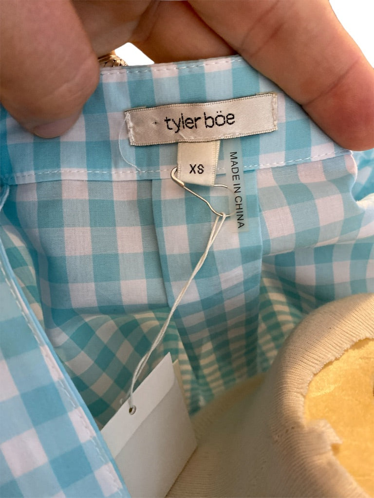 XS Tyler Boe Turquoise White Gingham Cotton Blouse NWT