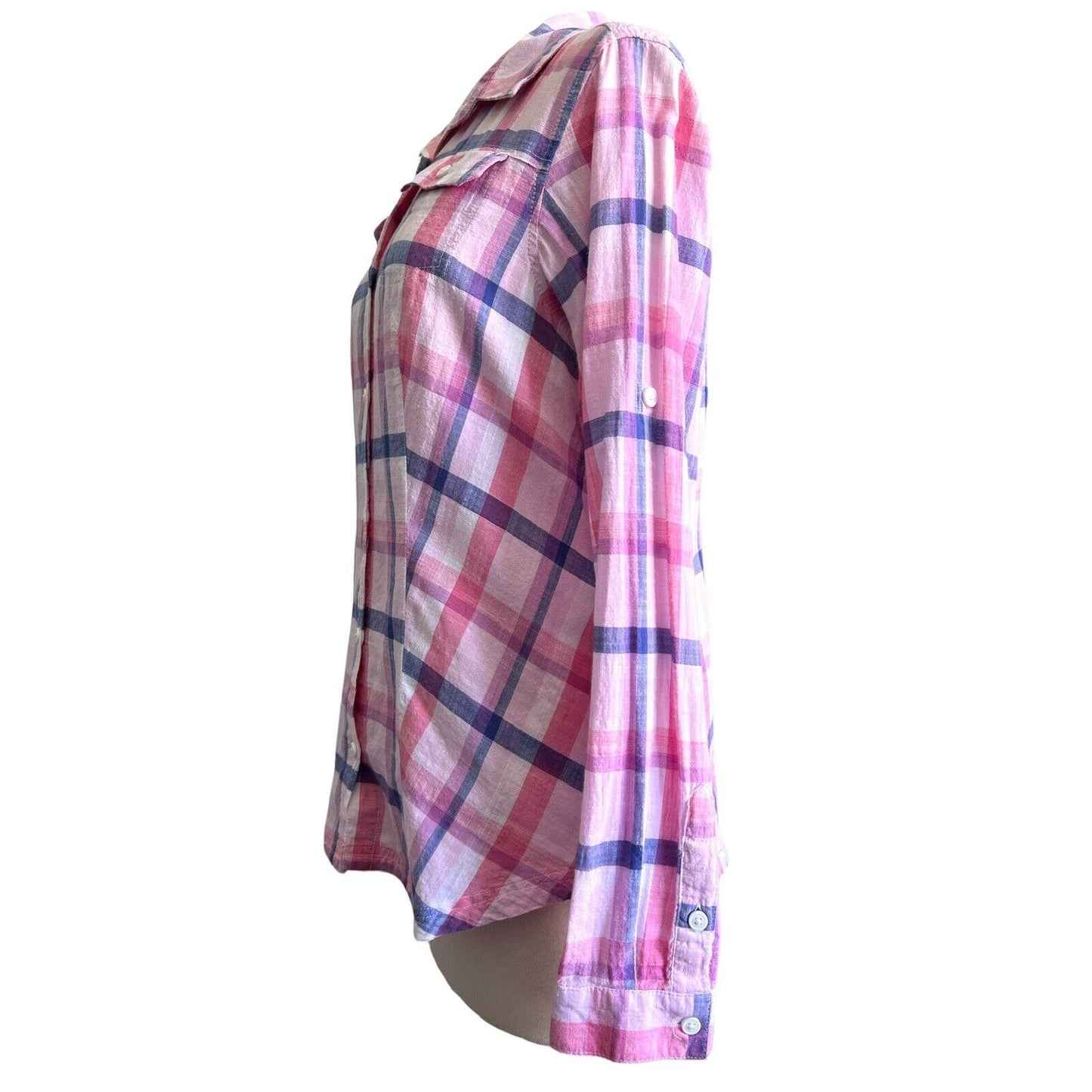 Small Columbia Cotton Plaid Button Down Roll-Tab sleeve Shirt Blouse Top