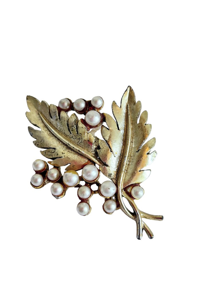 Vintage Goldtone Double Leaf Brooch Pin with Faux Pearl Details 2.25"