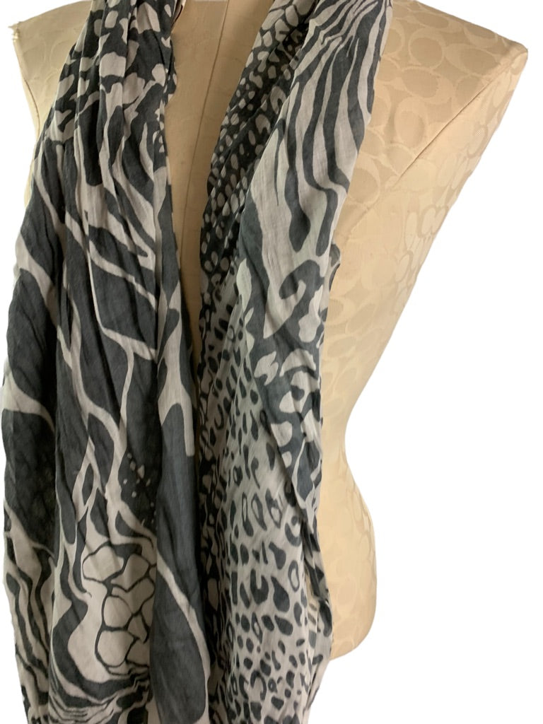 Chico's Lightweight Rayon Gray Mixed Animal Print Scarf Raw Edge 30" x 70"