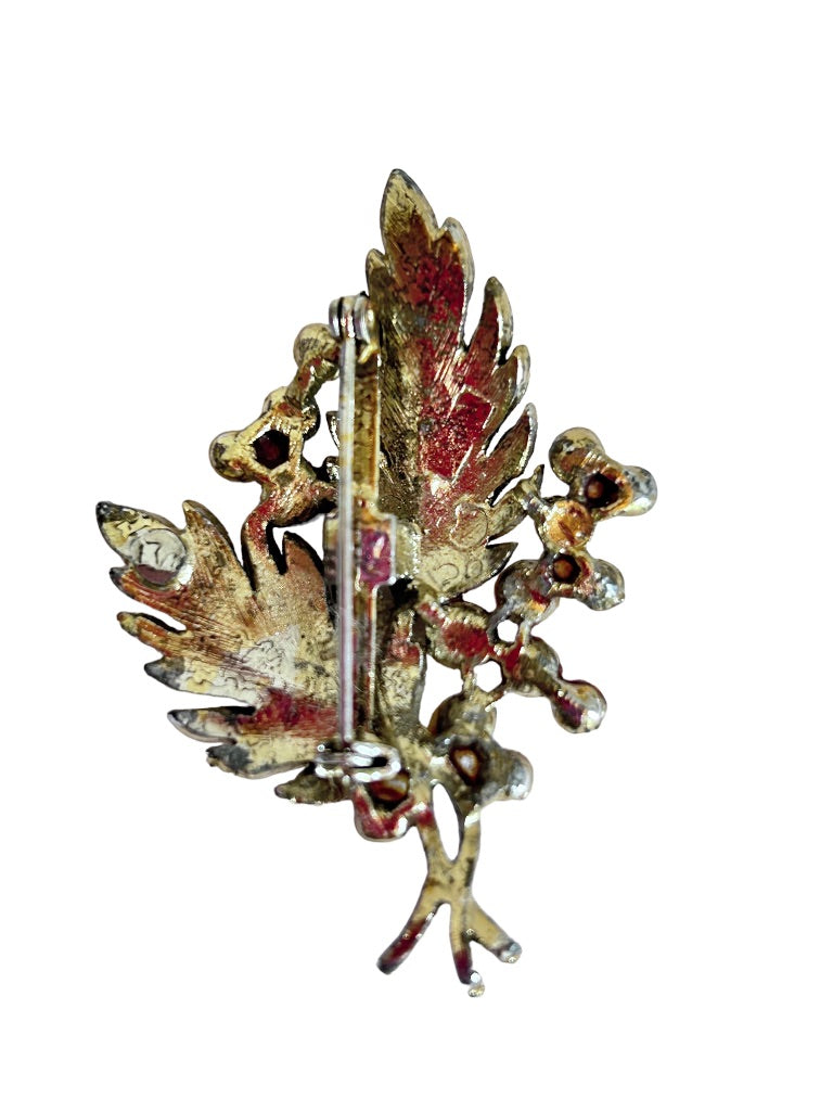Vintage Goldtone Double Leaf Brooch Pin with Faux Pearl Details 2.25"