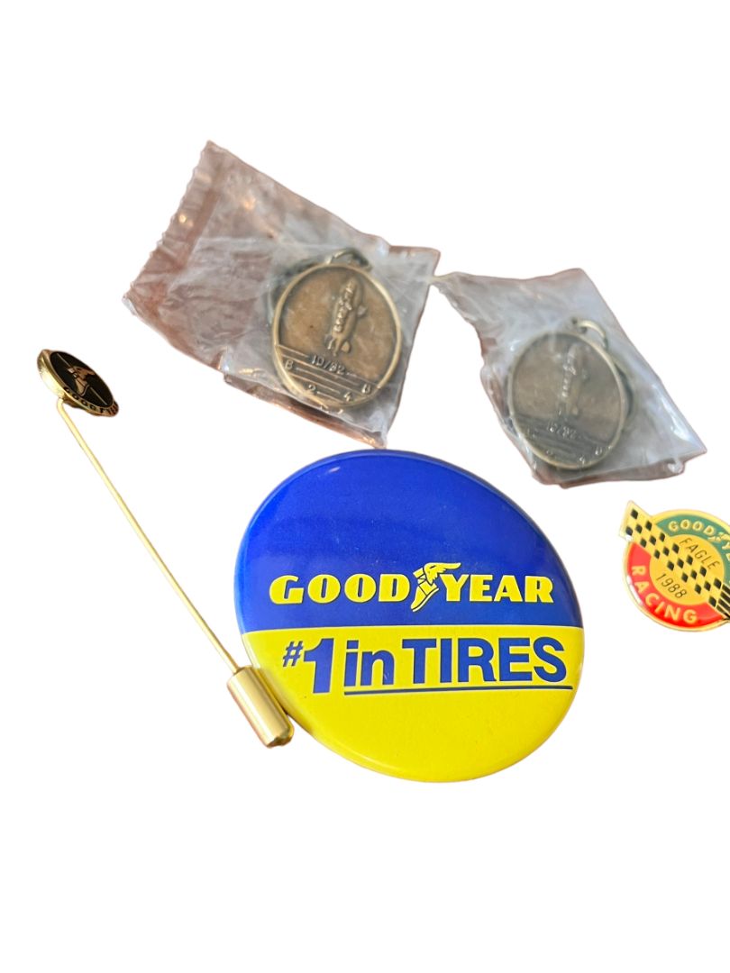 Vintage Goodyear Lot Pinback, Buttons, Keychains 10k GF Stick Pin Employee Award