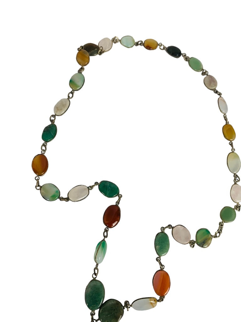 Vintage 28" StoneSilvertone Necklace Overhead Orange Green Natural Stone