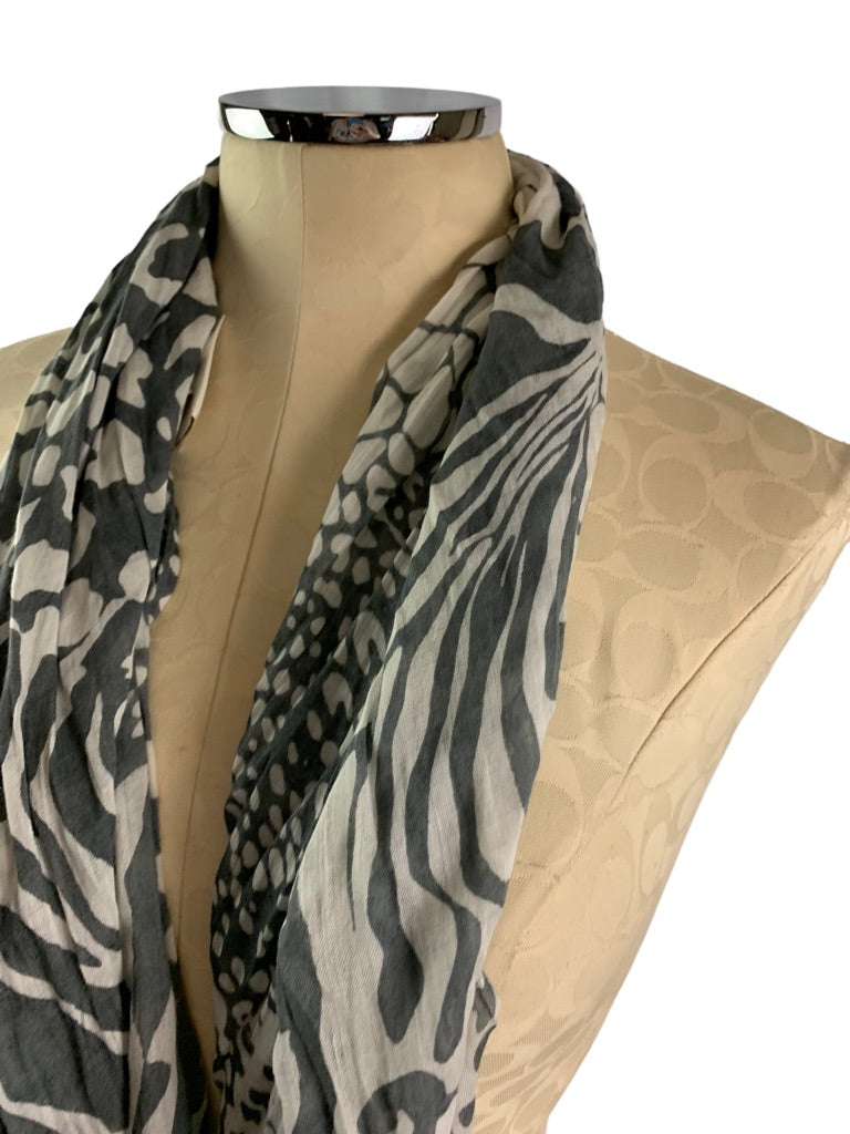 Chico's Lightweight Rayon Gray Mixed Animal Print Scarf Raw Edge 30" x 70"