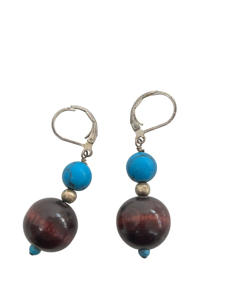 Silvertone Earrings Pierced Leverback Wood and Turquoise Beads 1.75" Drop Dangle