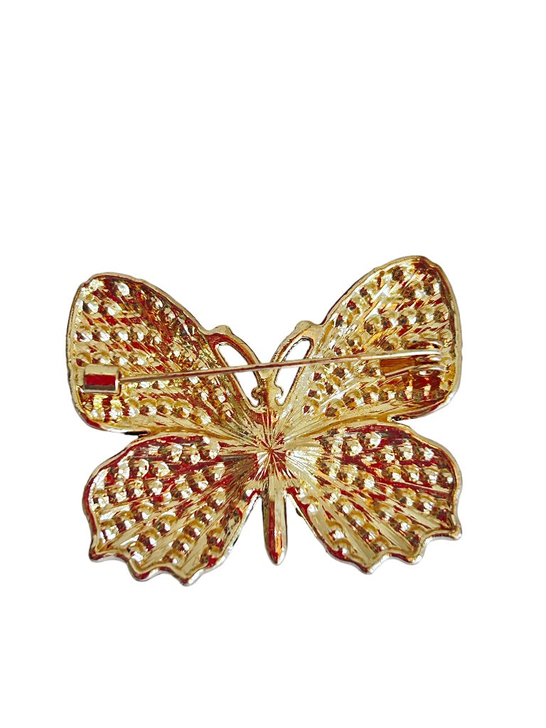 Bright Crystal Butterfly Brooch Pin Blue Yellow Red Goldtone Setting 1 7/8"