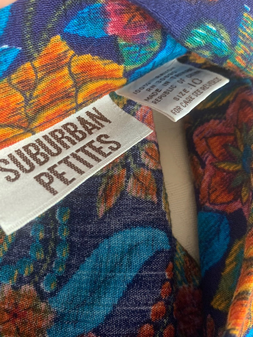 10P Surburban Petites Women's Vintage 80s Short Sleeve Button Up Blouse Floral