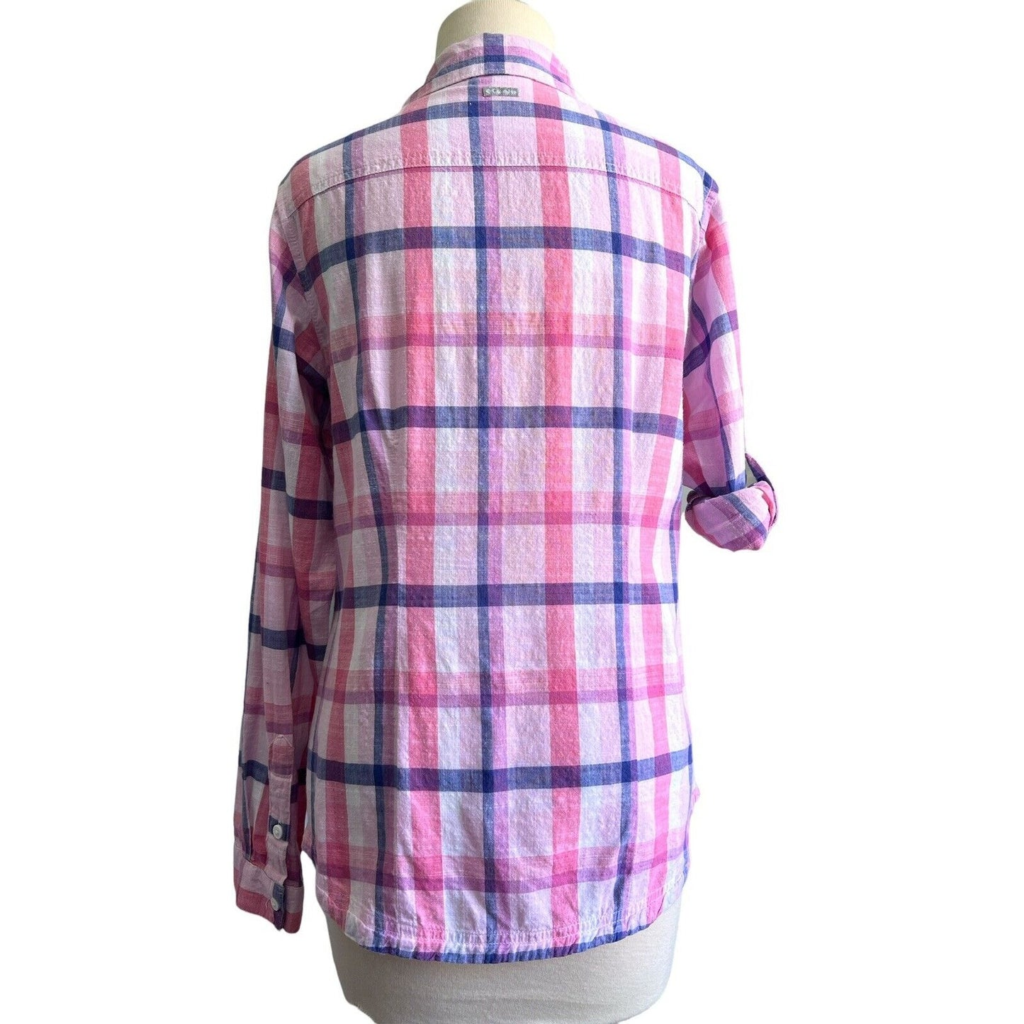 Small Columbia Cotton Plaid Button Down Roll-Tab sleeve Shirt Blouse Top