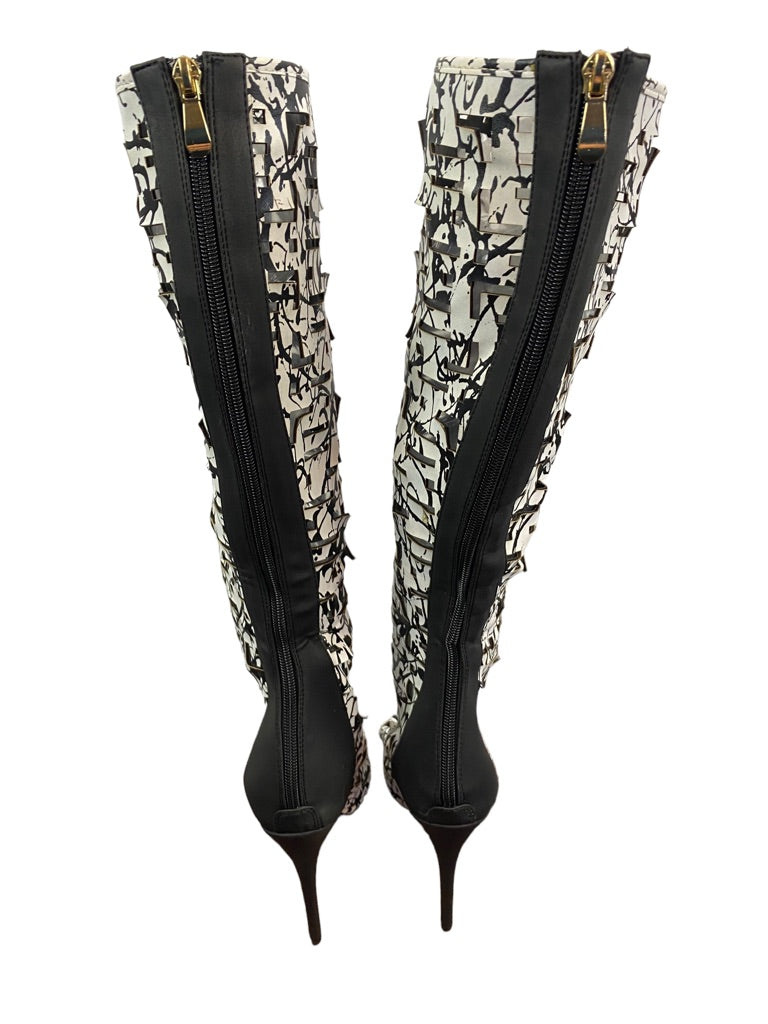 8.5B Athena Brand Women's "Marion" Knee High Peep Toe Lasercut Boots 4.5" Heel