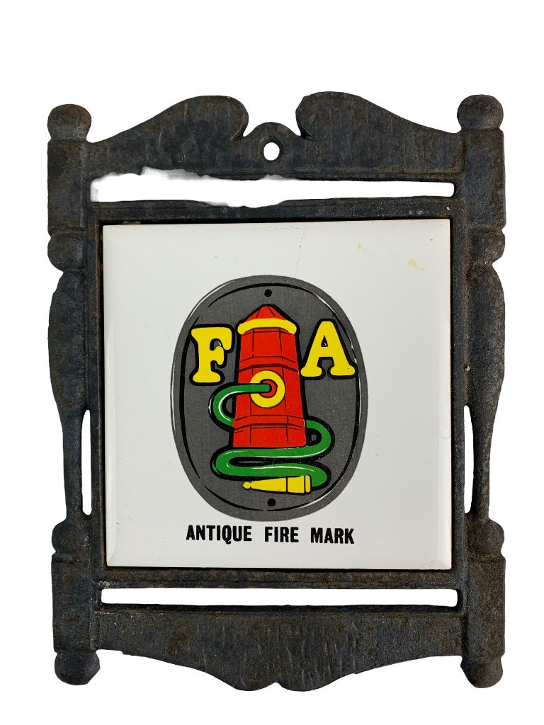 Vintage Tile Trivet "FA" Antique Fire Mark in Cast Iron Made in Japan Ceramic