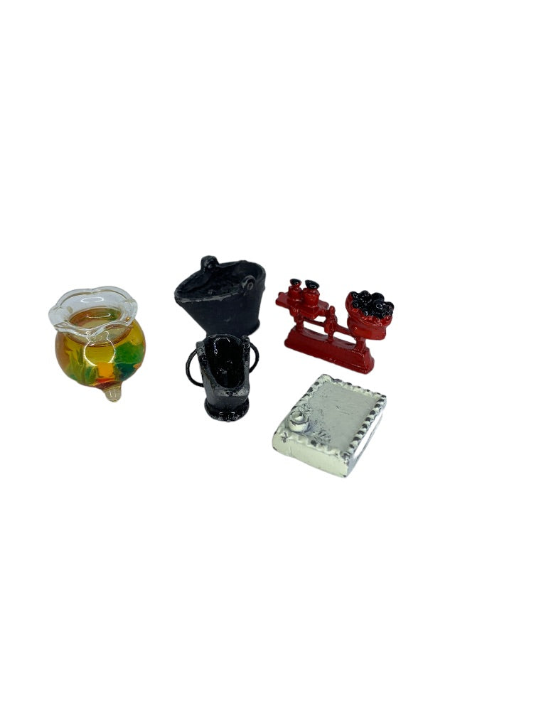 Dollhouse Miniature Assorted Lot Glass Kettle Cast Iron Coal Bucket Scale Lot of 5
