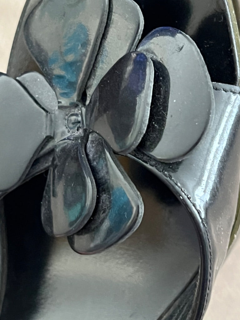 9 Robert Clergerie Cabi Peep Toe Black Patent High Heel Shoes Lucite