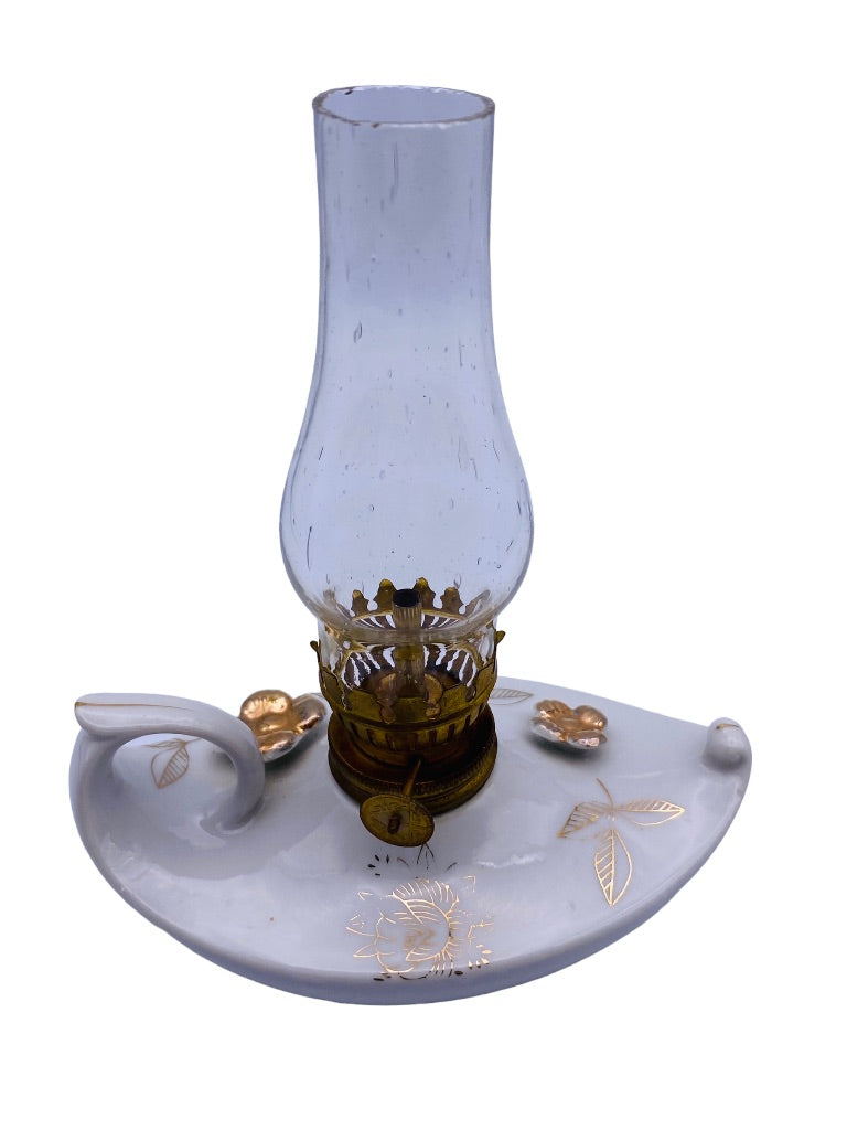 Vintage 6" Oil Lamp with Hurricane Glass White Ceramic Japan Gold Trim