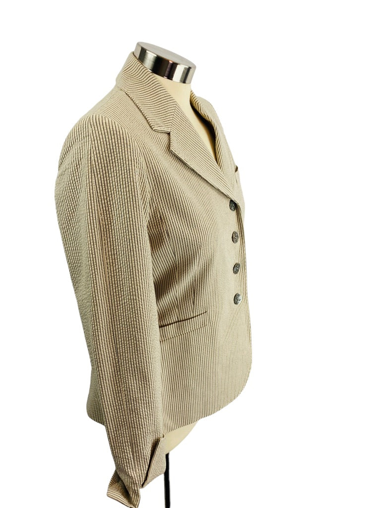 4 AK Anne Klein Stretch Women's 3 Button Lined Tan Seersucker Blazer