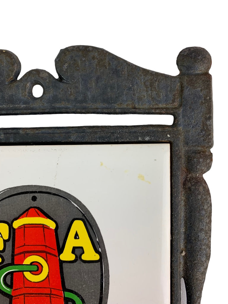 Vintage Tile Trivet "FA" Antique Fire Mark in Cast Iron Made in Japan Ceramic