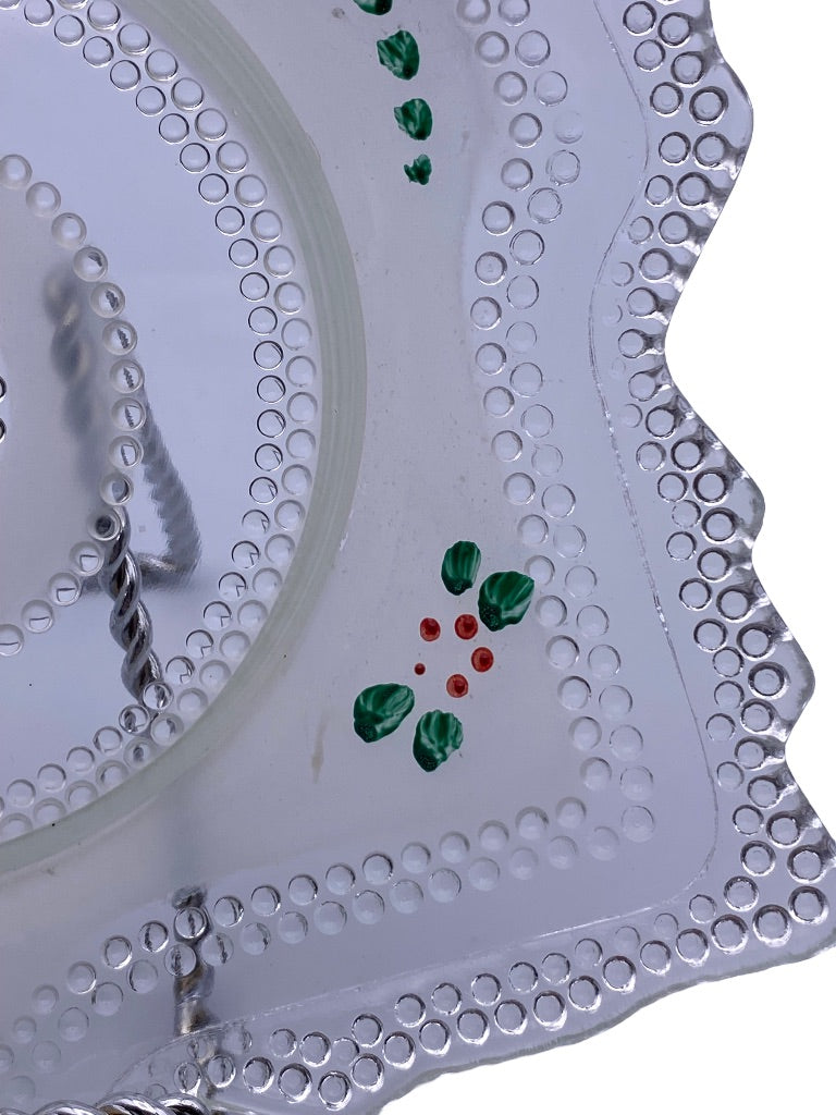 Vintage Smith Glass Tiny Hobnail Leaf Shaped Clear Glass Plate 8 1/4" Green Red Paint