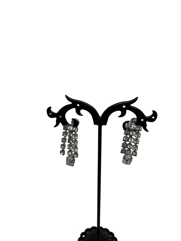 Vintage Rhinestone Earrings 3 Strand Dangle 1" Drop Screwback Non-Pierced