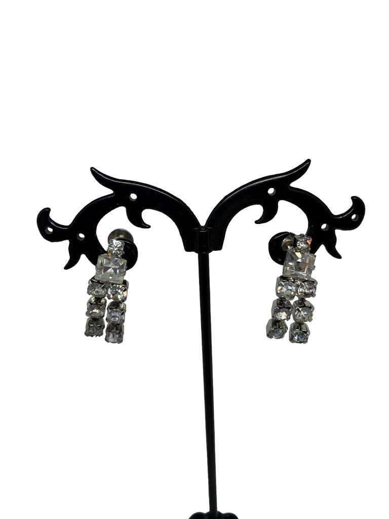 Vintage Signed Coro Rhinestone Non-Pierced Screwback Earrings 2" Drop Double Strand