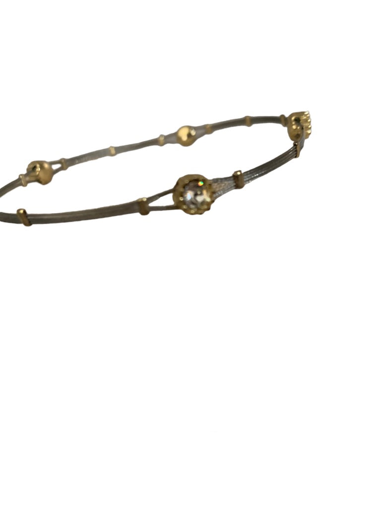 Lightweight Wire Silvertone Bangle Bracelet Goldtone and CZ Details 2.5" Diameter