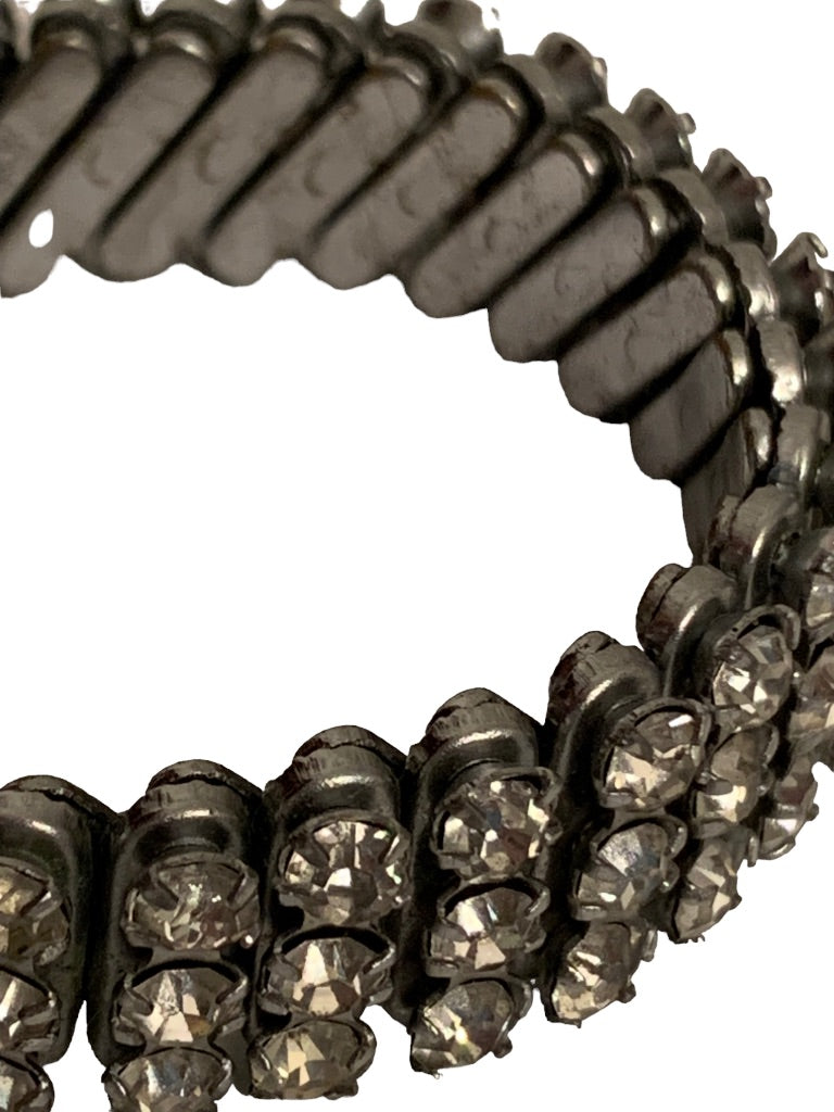 Vintage Rhinestone 3 Row Stretch Bracelet Silvertone Setting