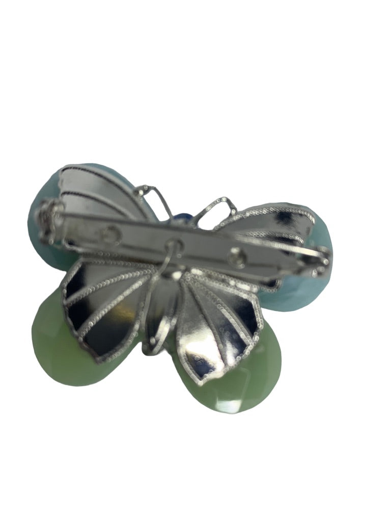 Vintage Faceted Blue Green Acrylic Butterfly Brooch 2" Silvertone Dimensional