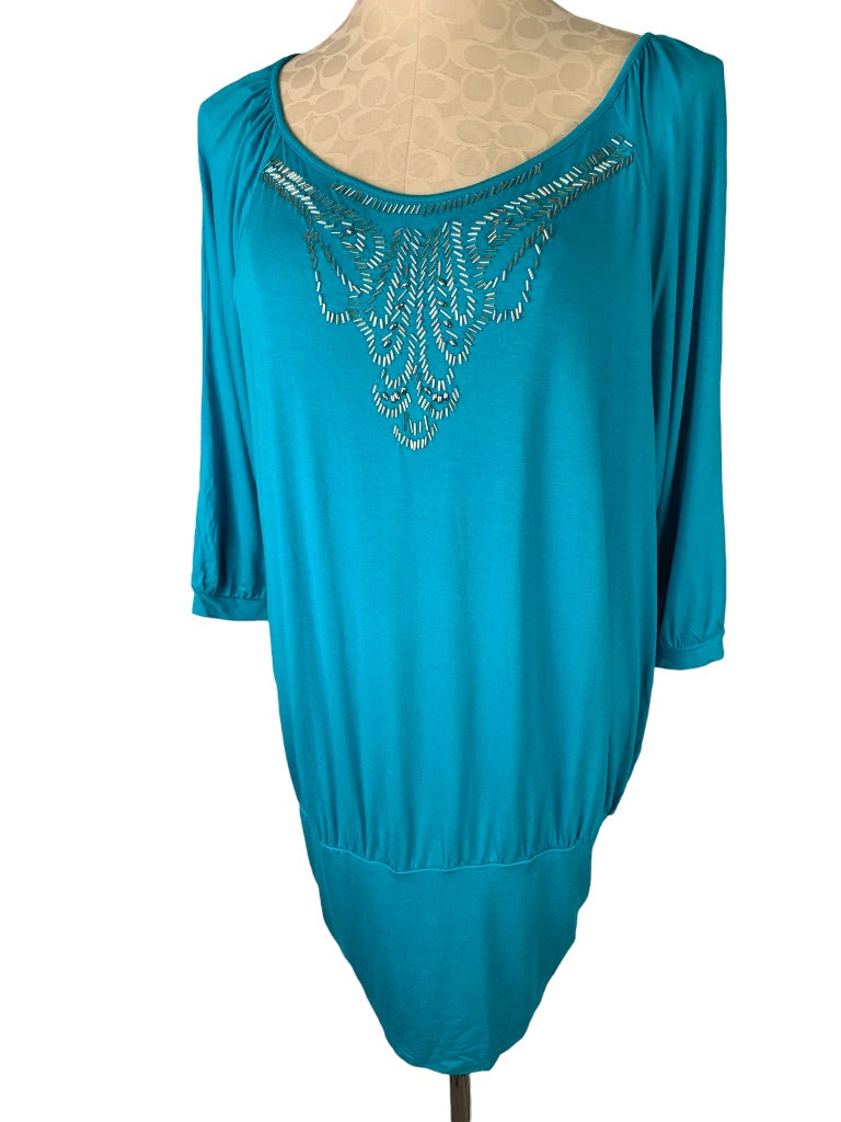 18/20 Lane Bryant Teal Beaded Neckline Soft 3/4 Sleeve Blouson Jersey Knit Top