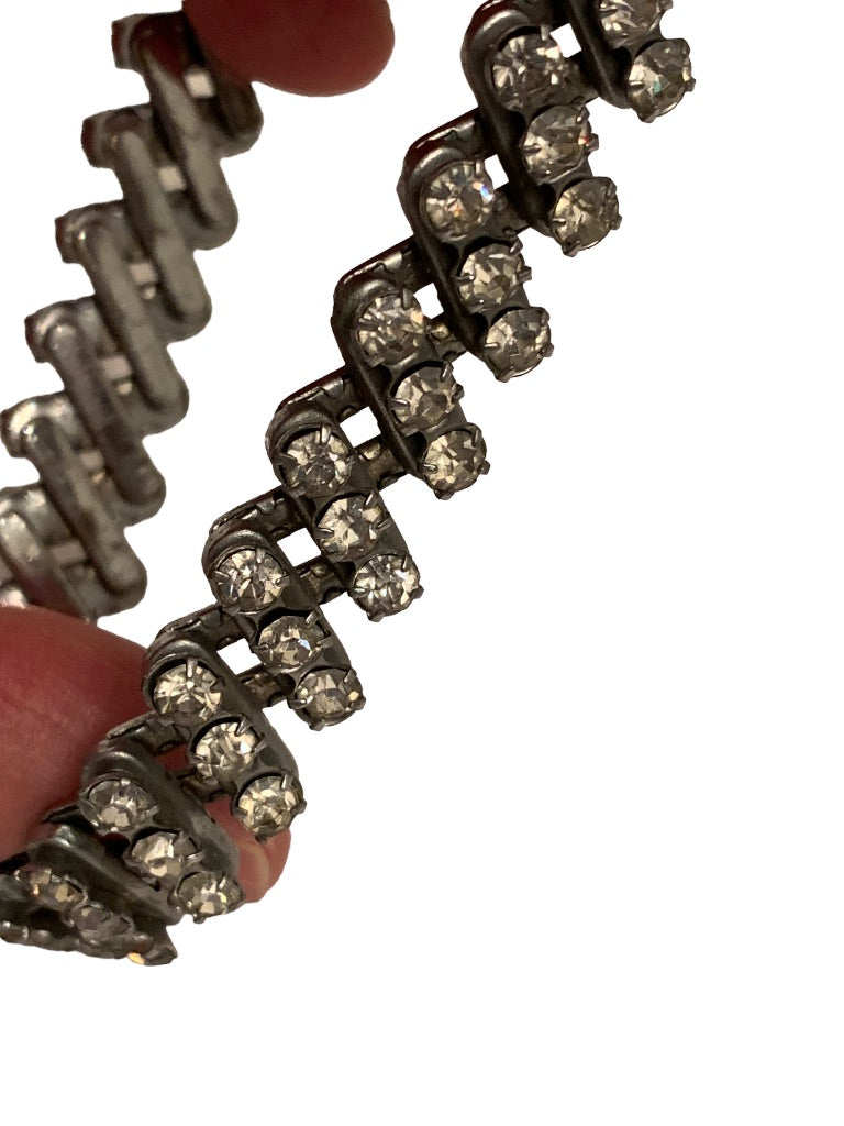Vintage Rhinestone 3 Row Stretch Bracelet Silvertone Setting
