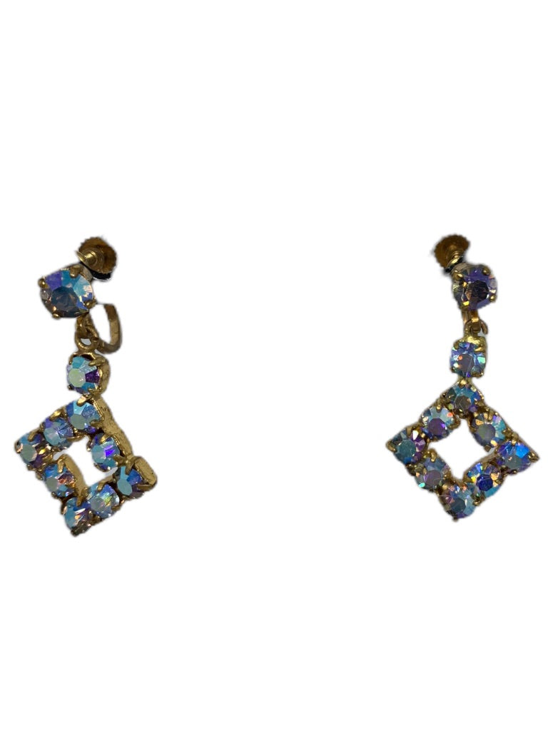 Vintage Signed Screwback Non-Pierced Earrings Blue Aurora Borealis 1.5" drop dangle