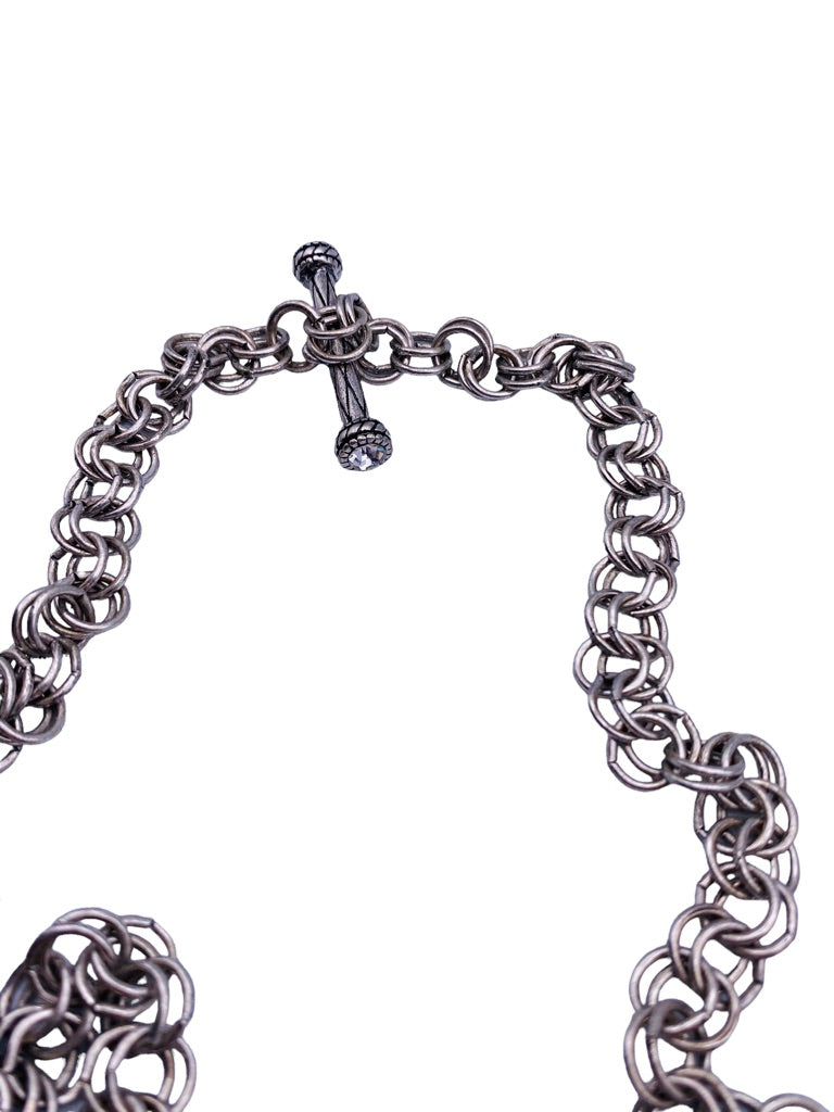 Chico's Silvertone Chunky Chain 34" Pendant Necklace Toggle Clasp Key Crystal Crest