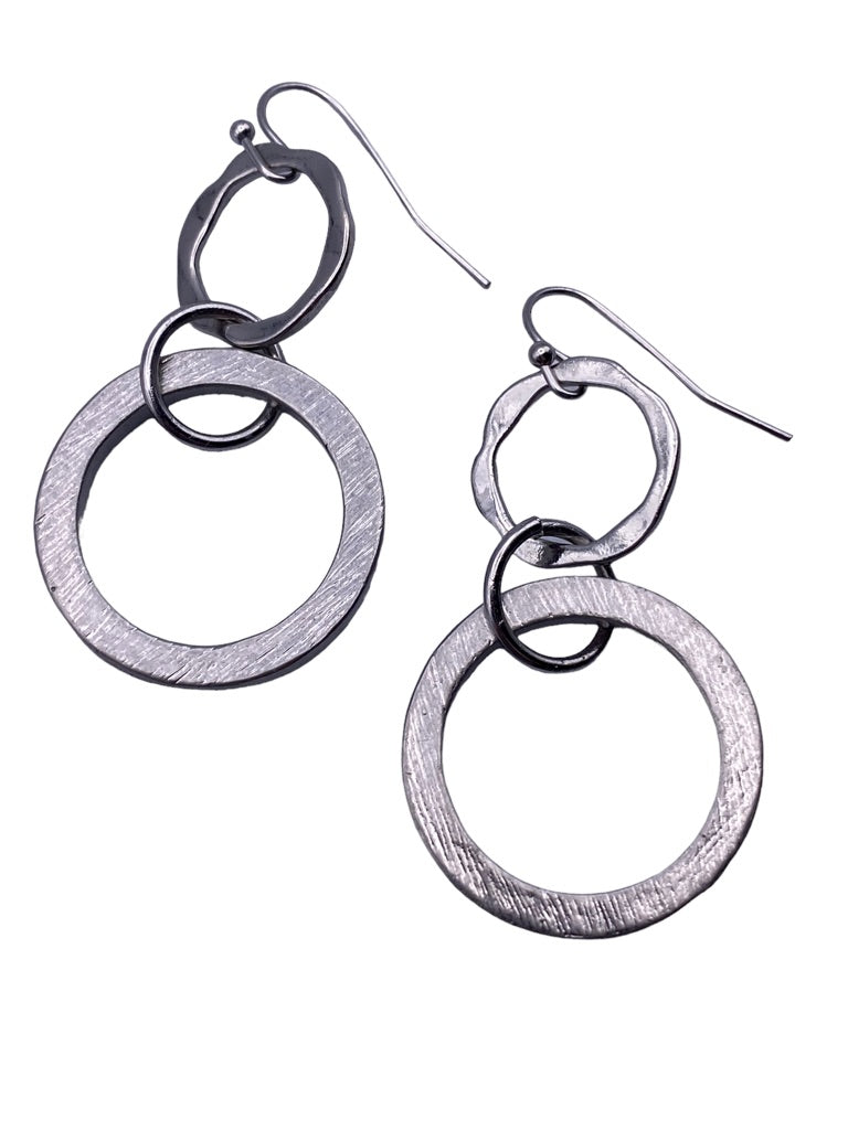 Silvertone Circle Drop Earrings 2" Dangle Pierced Hook