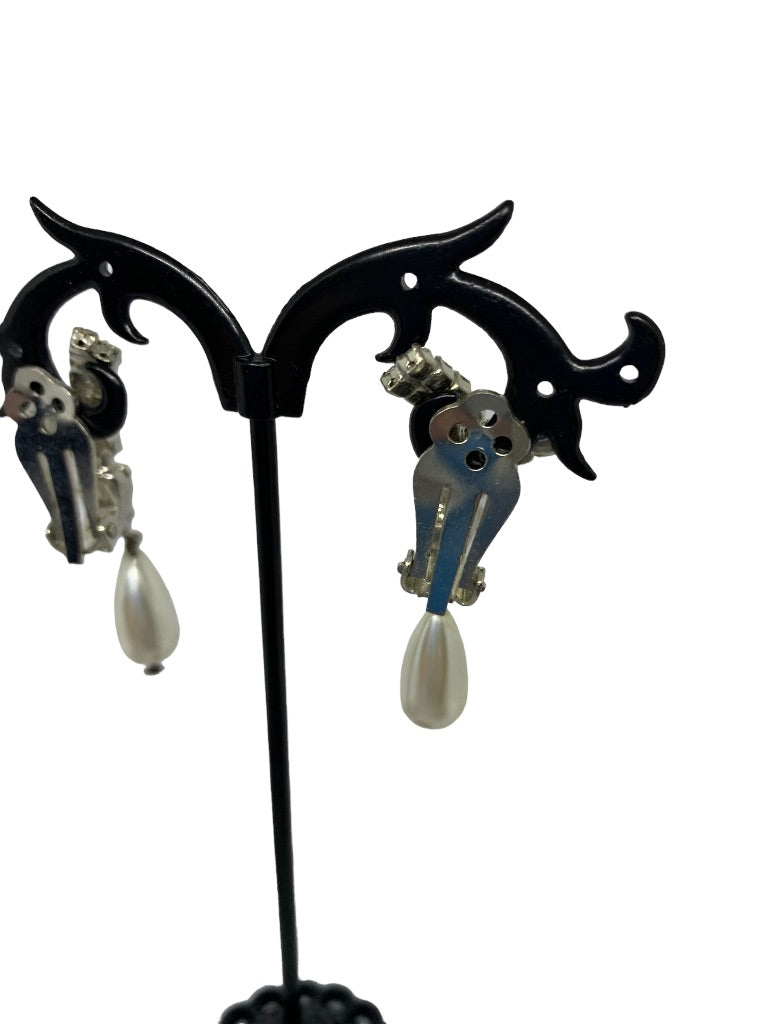 Vintage Rhinestone and Faux Pearl 1.5" Drop Clip-On Non-Pierced Earrings