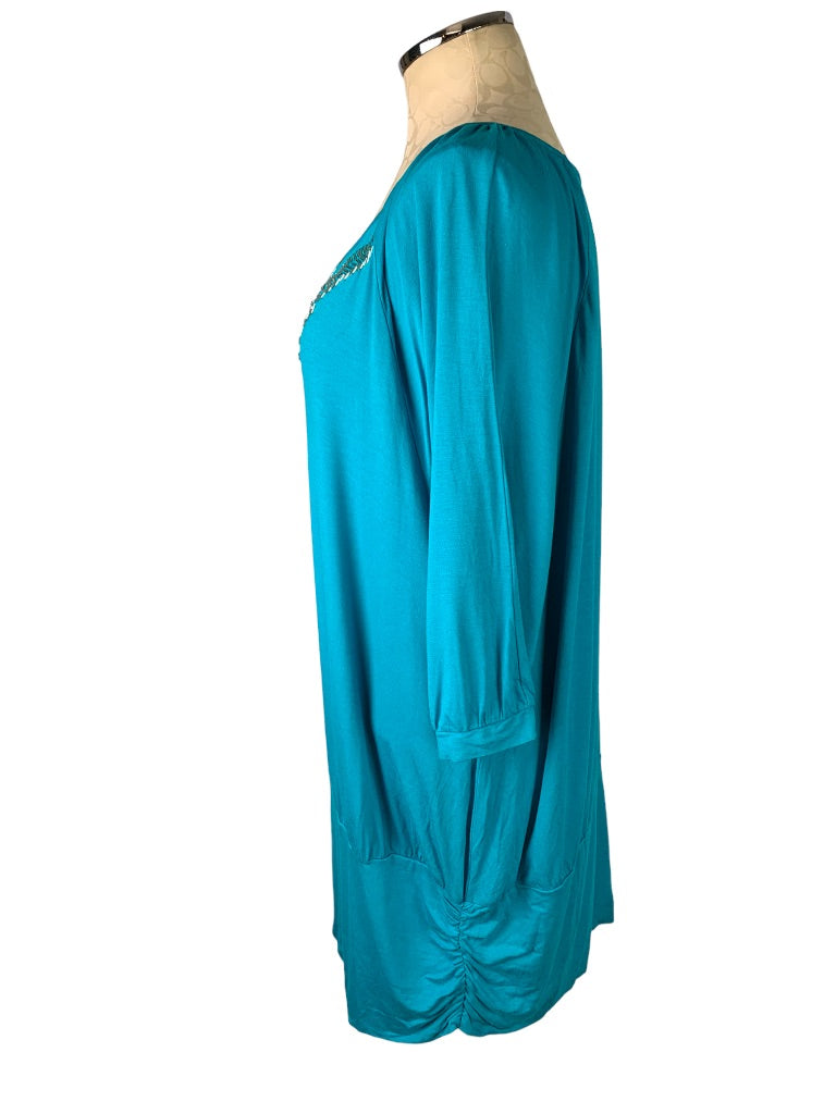 18/20 Lane Bryant Teal Beaded Neckline Soft 3/4 Sleeve Blouson Jersey Knit Top