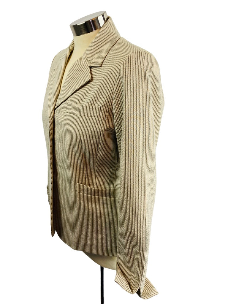 4 AK Anne Klein Stretch Women's 3 Button Lined Tan Seersucker Blazer